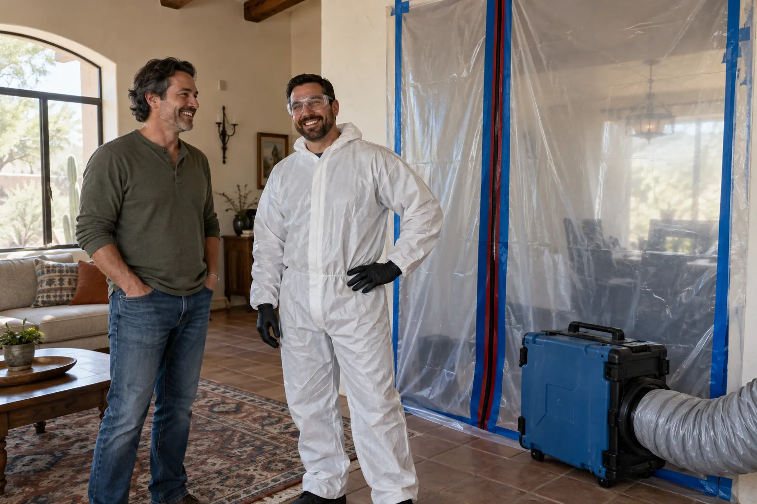 A friendly mold remediation provider reviewing a cleaned wall with a homeowner in a San Jose home